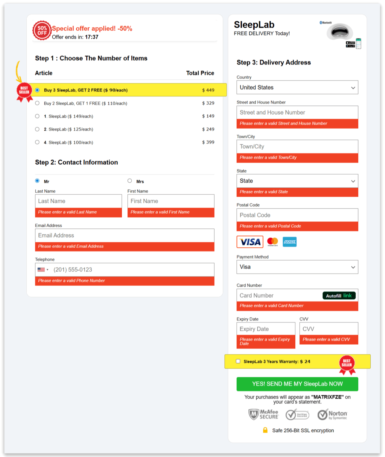 SleepLab secure checkout page